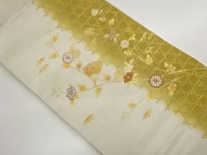 金彩籠目に扇子・笹・草花模様刺繍名古屋帯